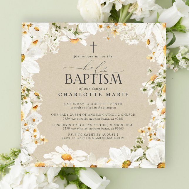 Invitation Élégant Saint-Baptême Cross Floral Aquarelle Daisy (Holy Baptism Invitations!)