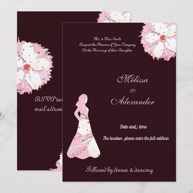 Invitation Élégant sakura noir floral chic silhouette rose (Devant / Derrière)