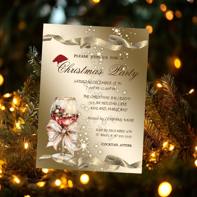Invitation Elegant,Santa Hat,Wine Glass Christmas Party (Créateur téléchargé)