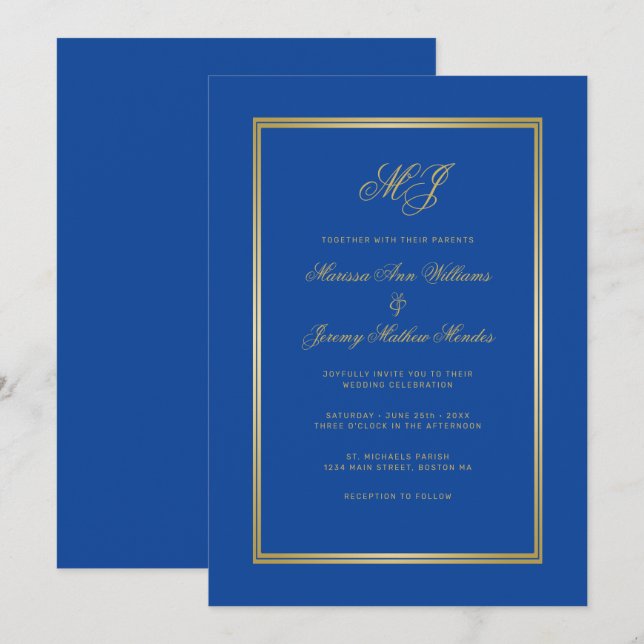 Invitation Élégant Sapphire Blue Gold Monogram Mariage Script (Devant / Derrière)