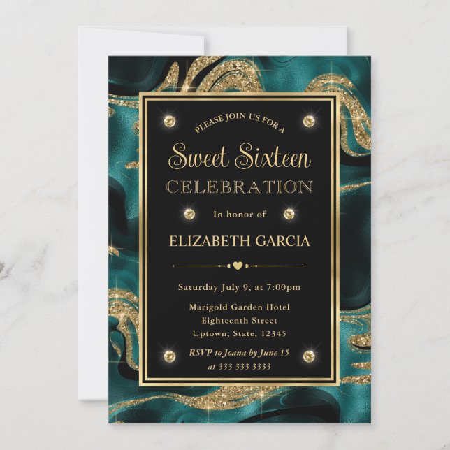 Invitation Élégant sarcelle fondue et paillettes dorées pour  (Devant)