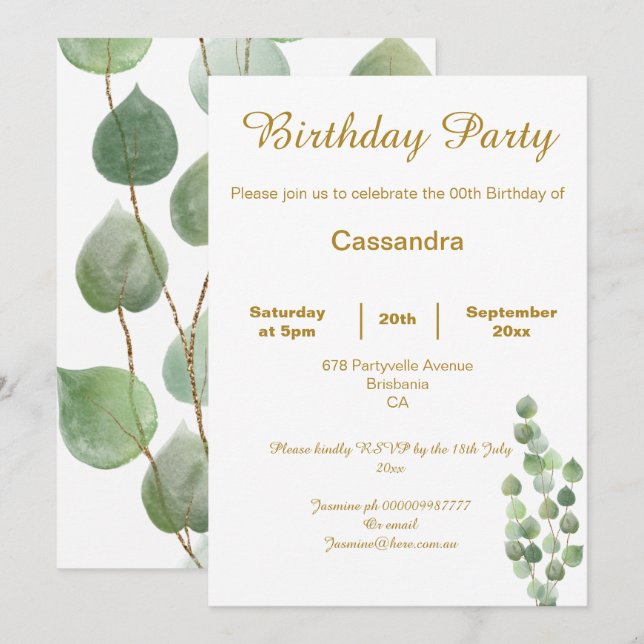 INVITATION ELEGANT SAUGE BLANCHE EUCALYPTUS SUR MESURE  (Devant / Derrière)