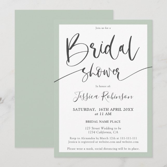 Invitation Elégant sauge gris vert script chic douche nuptial (Devant / Derrière)
