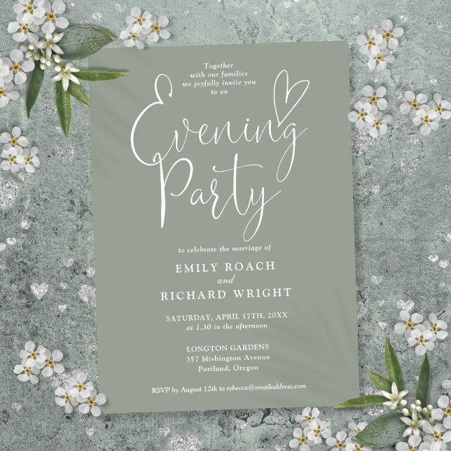 Invitation Élégant scénario vert sauge mariage soirée (Elegant Script Sage Green Wedding Evening Party Invitation)