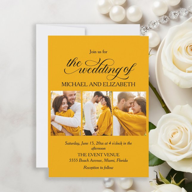 Invitation Élégant Script 3 Photo Mariage Jaune (Elegant yellow wedding photo invitation)