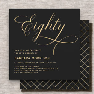 Invitation Élégant Script 80e anniversaire Black Gold 80e ann