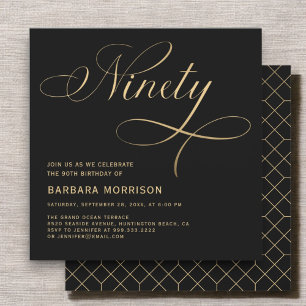 Invitation Élégant Script 90 Black Gold 90e anniversaire