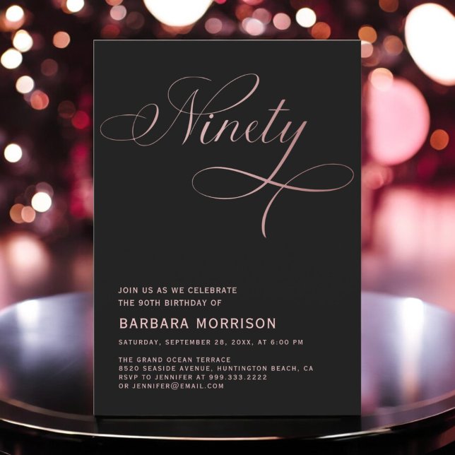 Invitation Élégant Script 90e anniversaire Rose or 90e annive (Créateur téléchargé)