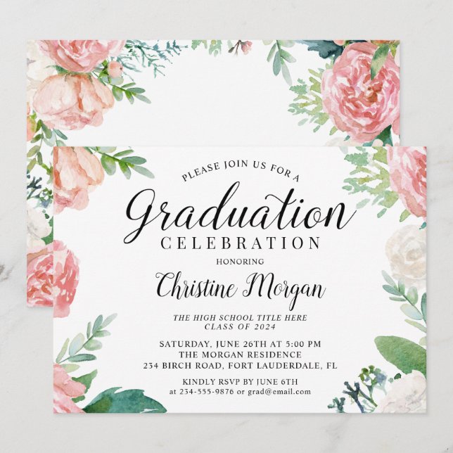 Invitation Élégant Script Aquarelle Peach Floral Graduation (Devant / Derrière)