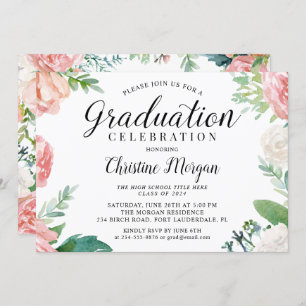Invitation Élégant Script Aquarelle Peach Floral Graduation