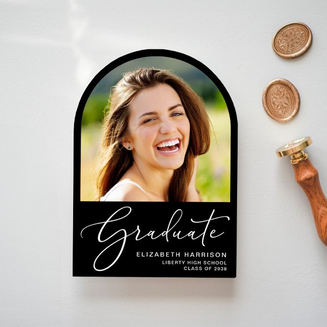 Invitation Elégant Script Arch Photo Black Graduation Party (Share the pride and excitement of your graduate's achievement with friends and family near and far)