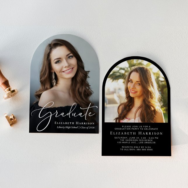 Invitation Elégant Script Arch Photo Black Graduation Party (An elegant arch-shaped graduation party invitation to celebrate the graduate's achievements)