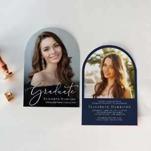 Invitation Élégant Script Arch Photo Blue Graduation Party