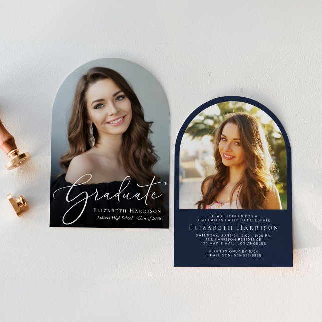 Invitation Élégant Script Arch Photo Blue Graduation Party (An elegant arch-shaped photo graduation party invitation to celebrate the graduate's achievements)