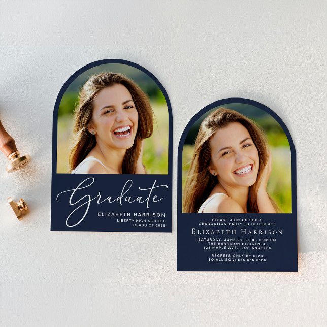 Invitation Élégant Script Arch Photo Blue Graduation Party (An elegant arch-shaped graduation party invitation to celebrate the graduate's achievements)