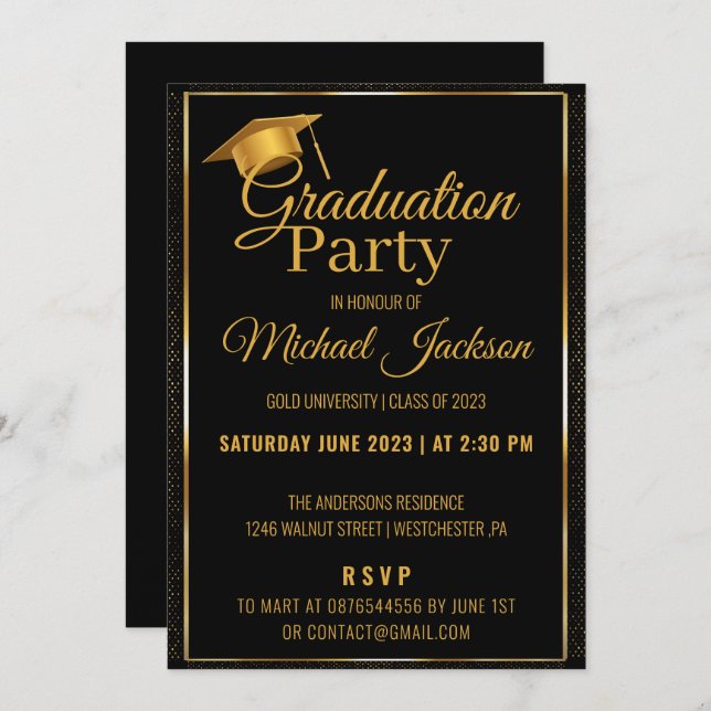 Invitation Élégant Script Black Confetti Graduation Party (Devant / Derrière)