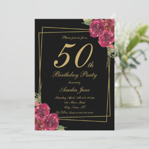 Invitation Élégant Script Black Gold Floral 50e anniversaire