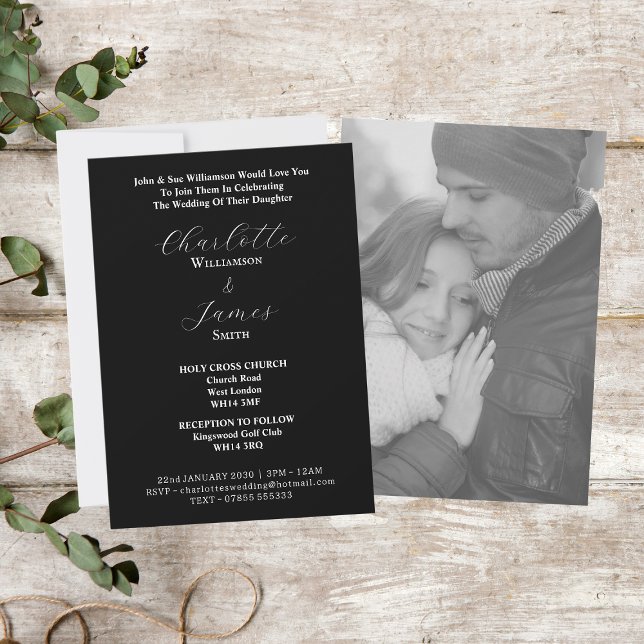 Invitation Élégant script blanc | Happy Couple Photo Black (Front And Back)