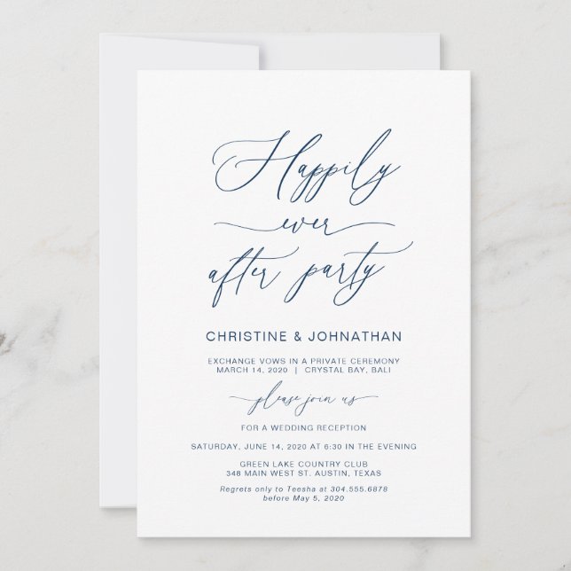 Invitation Élégant script, bleu marine, Elopement Mariage (Devant)