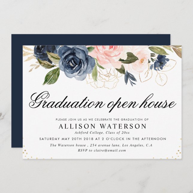 Invitation Elégant script blush & navy graduation open house (Devant / Derrière)