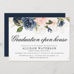 Invitation Elégant script blush & navy graduation open house