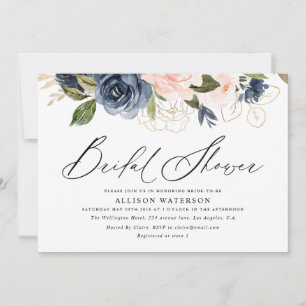 Invitation Elégant script blush & navy nuptial douche 