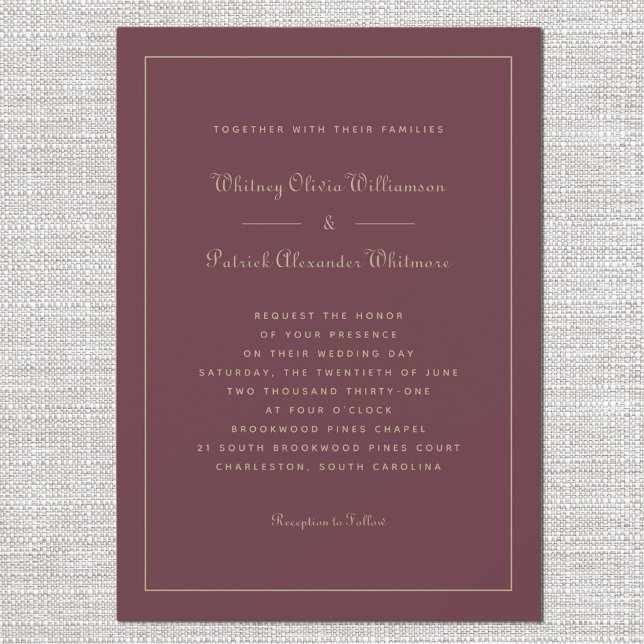 Invitation Élégant Script Bourgogne Gold Chic Mariage formel (Elegant Script Burgundy Gold Chic Formal Weddings Invitation)