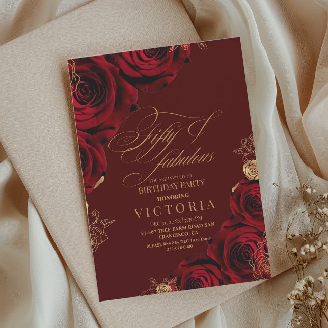 Invitation Élégant Script Bourgogne Rose Dorée 50e Anniversai (Créateur téléchargé)