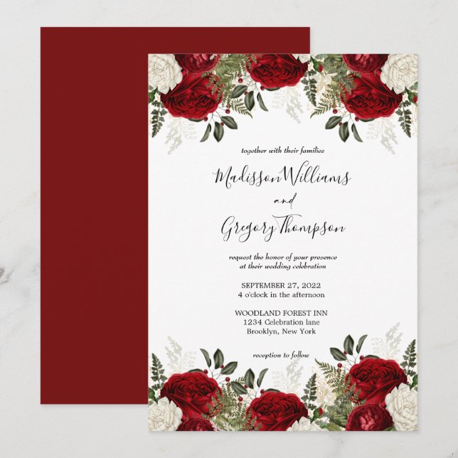 Invitation Élégant Script Bourgogne Rose Rouge Vintage Mariag (Devant / Derrière)