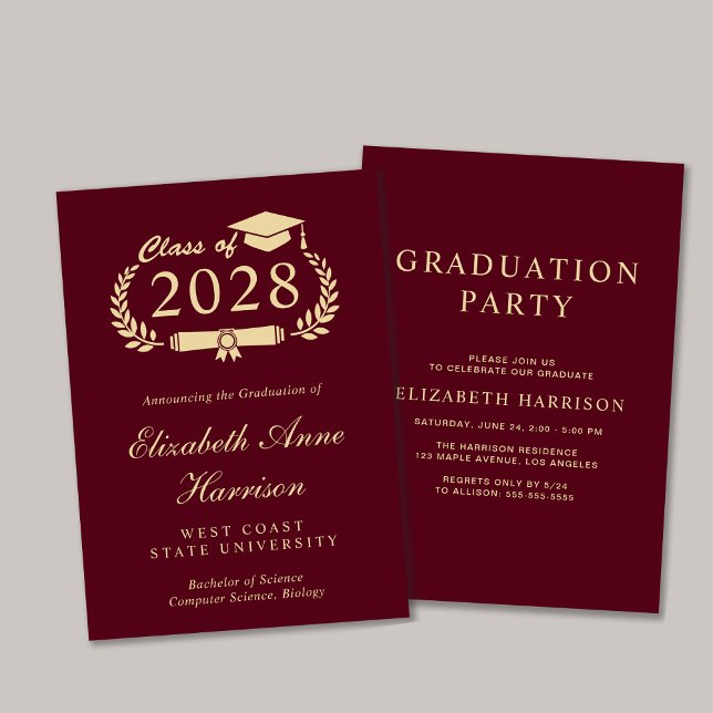 Invitation Élégant Script Burgundy College Graduation Party (An elegant college graduation party invitation to celebrate the graduate's achievements)