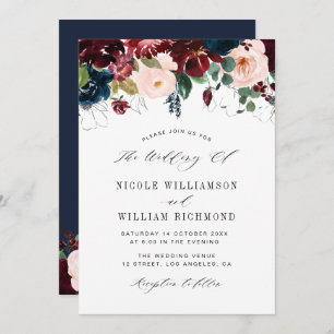 Invitation Élégant script burgundy & Navy mariage floral bleu