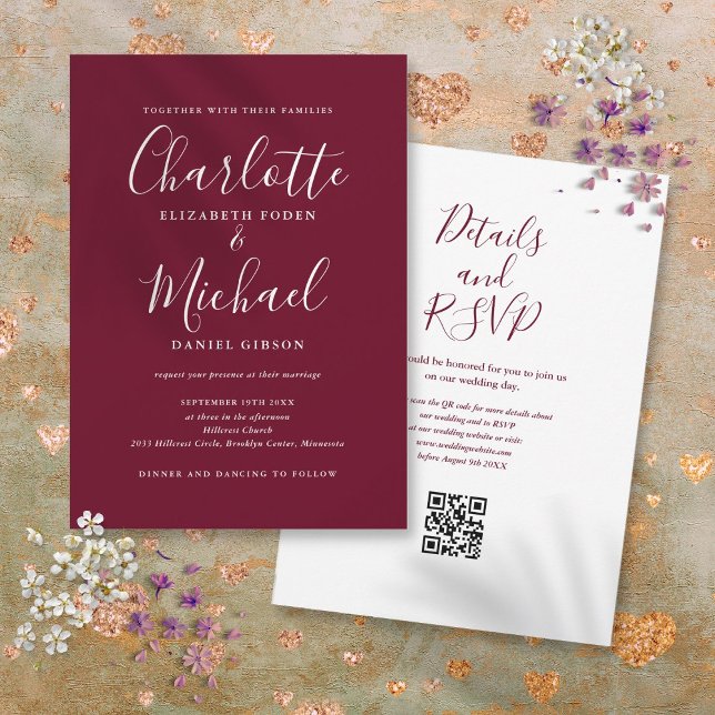 Invitation Élégant Script Burgundy Vin QR Code Mariage (Elegant Script Burgundy Wine QR Code Wedding Invitation)