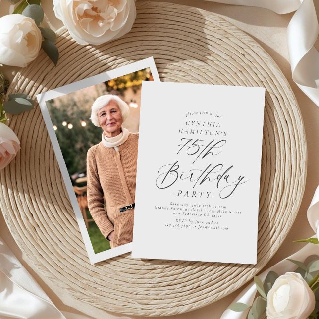 Invitation Elegant Script Calligraphy 75th Birthday Photo  (Créateur téléchargé)