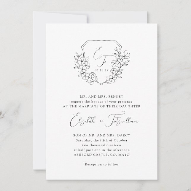 Invitation Élégant Script Cerise Blossom Monogram Crest (Devant)
