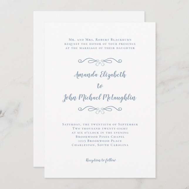 Invitation Élégant Script Classic Mariage officiel Dusty Blue (Devant / Derrière)
