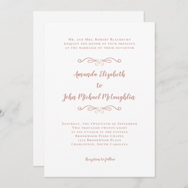 Invitation Élégant Script Classic Mariage officiel Rose or (Devant / Derrière)