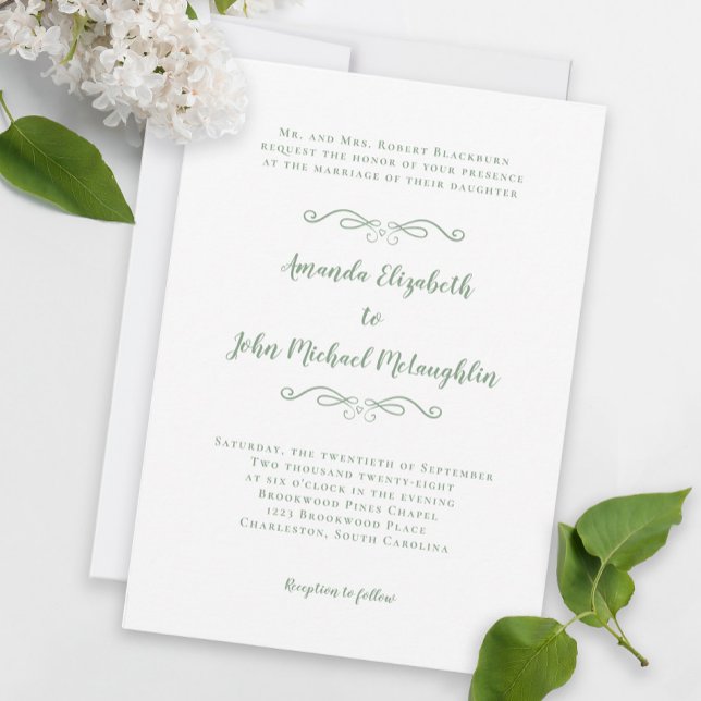 Invitation Élégant Script Classic Mariage Sage Vert Blanc Dan (Elegant Script Classic Wedding Sage Green White Invitation)