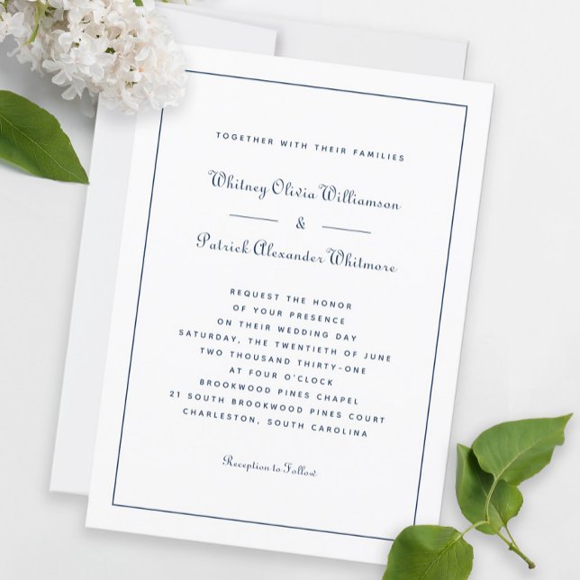 Invitation Élégant Script Classic Marine Blanc Mariage formel (Créateur téléchargé)