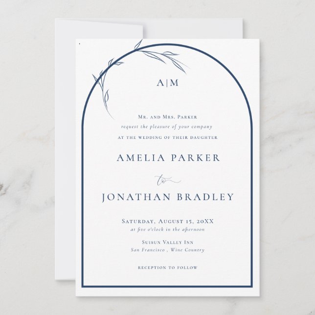 Invitation Élégant Script classique bleu | Mariage officiel (Devant)