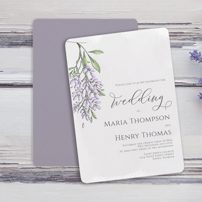 Invitation Élégant script de calligraphie Lavender Mariage (Watercolor elegant Spring wisteria flower vine wedding invitation. )