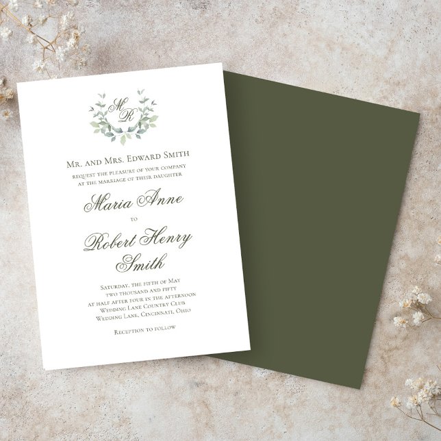 Invitation Élégant script de calligraphie verte Monogramme Ma (Elegant green monogram and greenery motif wedding invitations. )