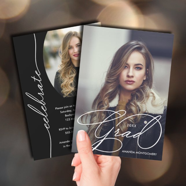 Invitation Élégant Script de Grad Photo Graduation (Elegant grad script photo graduation party invitations)