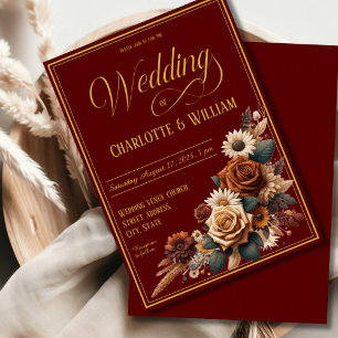 Invitation Élégant script de mariage Brown Floral