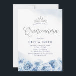 Invitation Élégant script de parties scintillant bleu floral<br><div class="desc">Scénario Quinceañera de parties scintillant en argent chic moderne,  design floral en aquarelle bleu glacé tendance,  élégant et élégant,  grandes invitations de Quinceañera 15e anniversaire.</div>