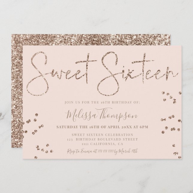 Invitation Élégant script de parties scintillant or chic rose (Devant / Derrière)