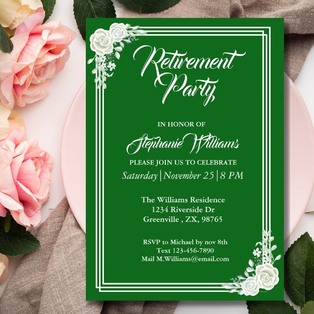 Invitation Élégant script de retraite Vert Rose blanche Parti (Créateur téléchargé)