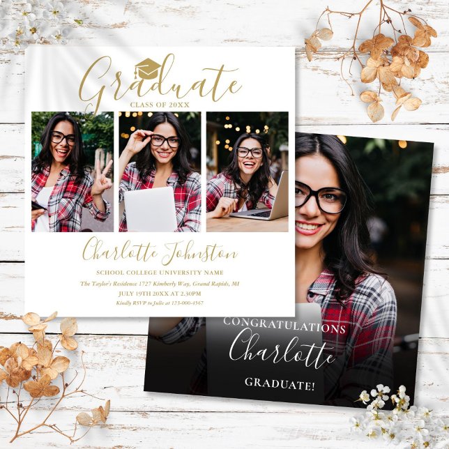 Invitation Élégant Script Doré 4 Photo Fête de Remise de Dipl (Elegant Gold Script 4 Photo Graduation Party Invitation)