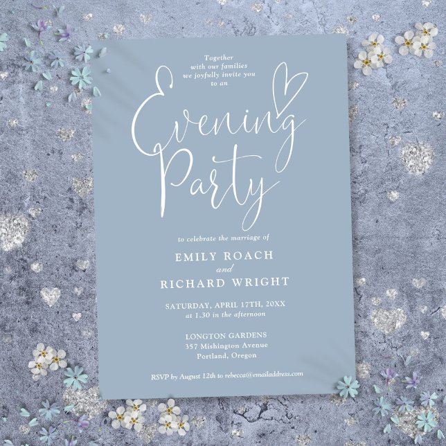 Invitation Élégant Script Dusty Blue Mariage soirée (Elegant Script Dusty Blue Wedding Evening Party Invitation)