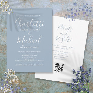 Invitation Élégant Script Dusty Blue moderne QR Code Mariage