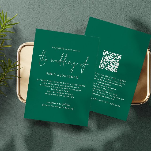 Invitation Élégant script Emerald Green QR Code Mariage (Frotn and back view. Available digitally and printed)